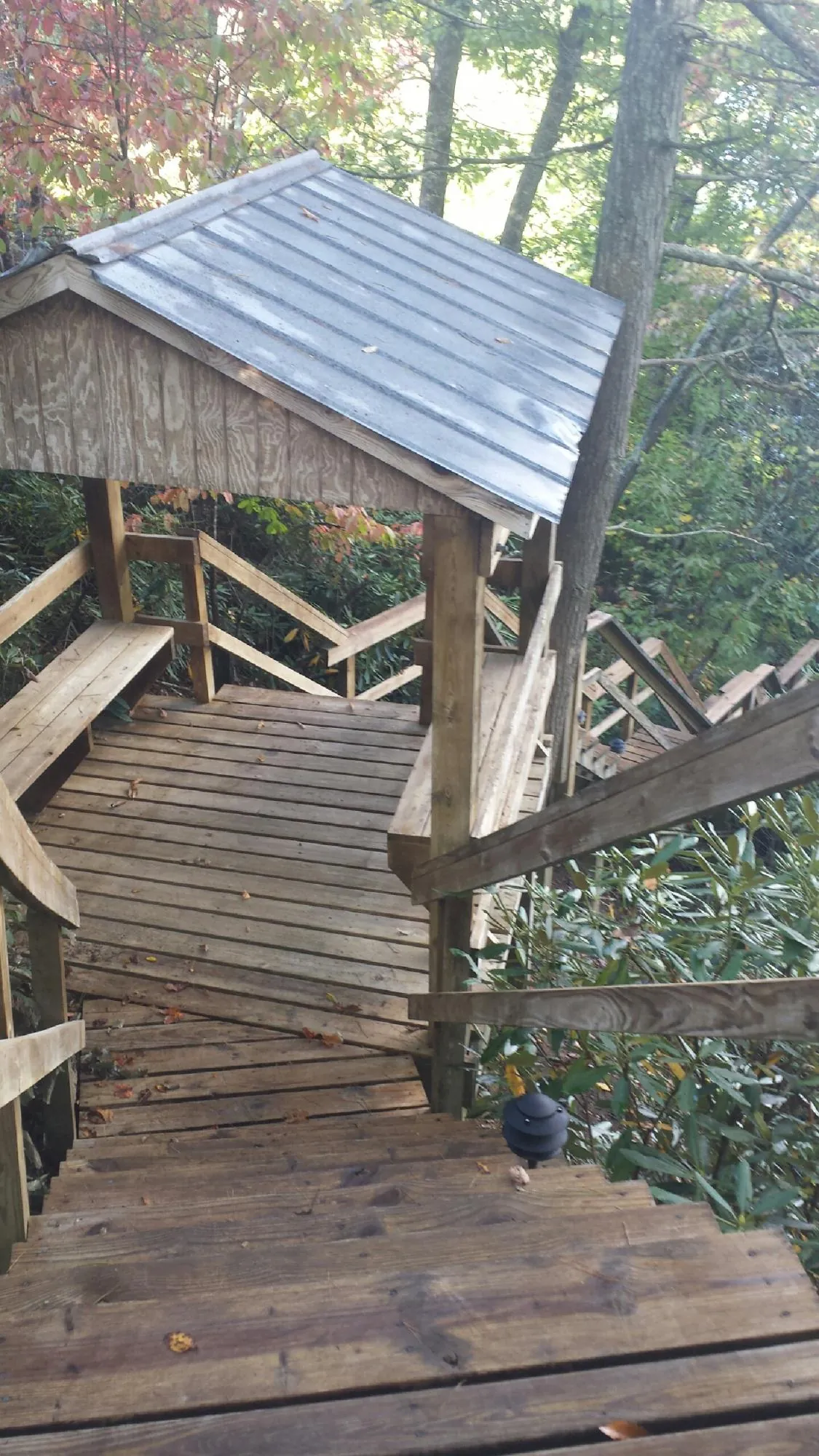Metal roofed shelter over wooden steps on a wooded walkway — Skylight Repair & Installation work by our crew in Lakehead
